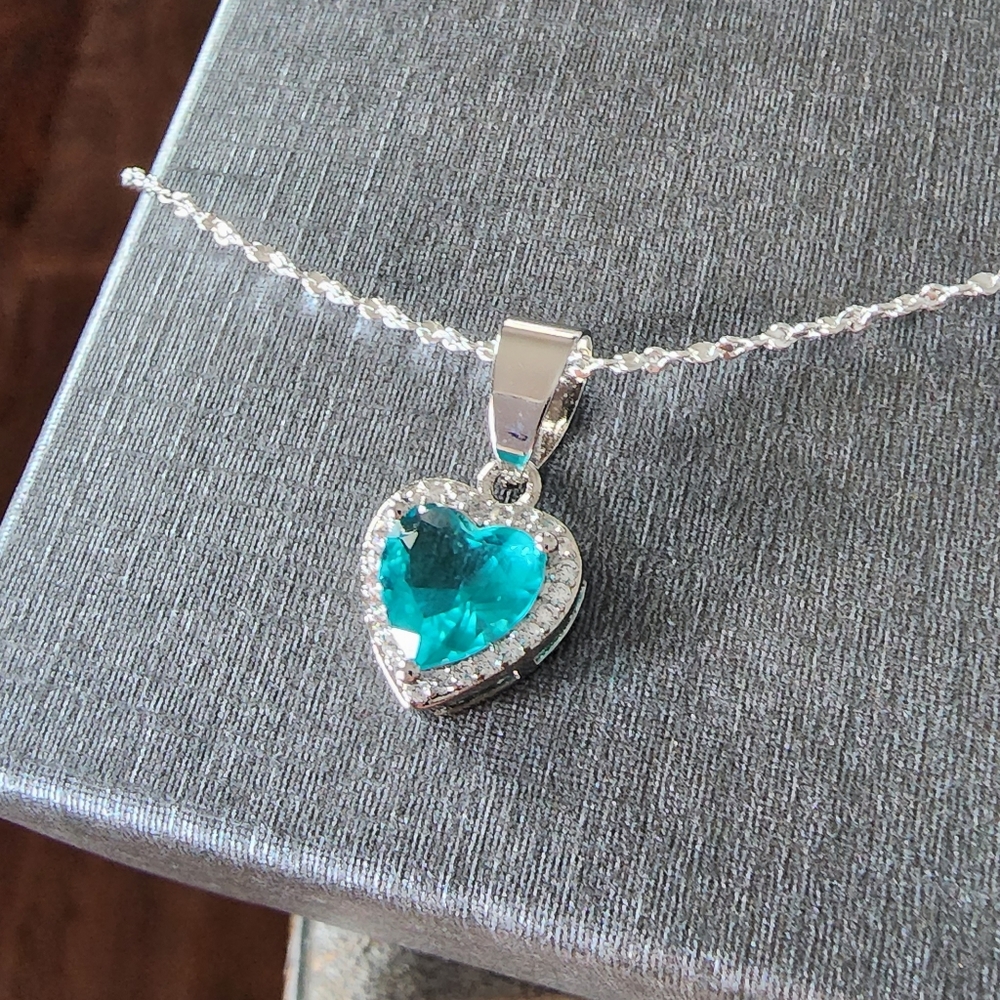 New 925 Sterling Silver Aquamarine Heart Pendant White Topaz accents necklace - Picture 8 of 11